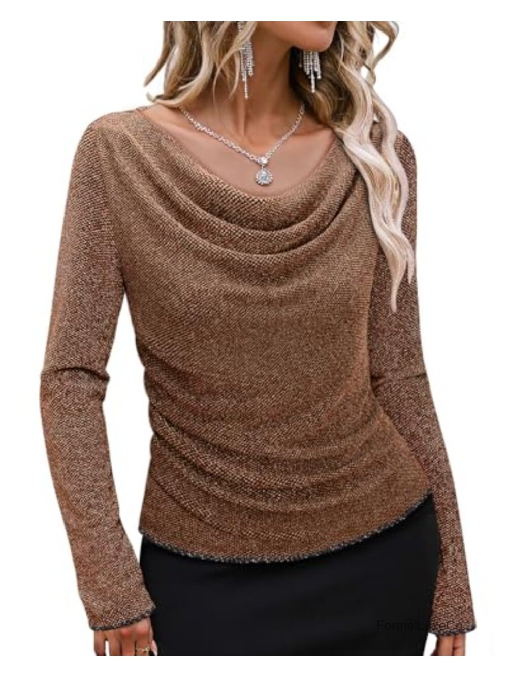 WomeSequin Tops Cowl Neck Long Sleeve Slim Fit Party Blouse